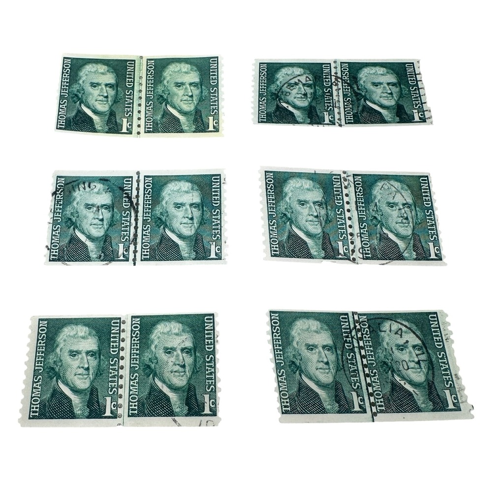 Vintage Thomas Jefferson 1 Cent US Postage Stamps 6 Coil Pairs Used Green Prexy